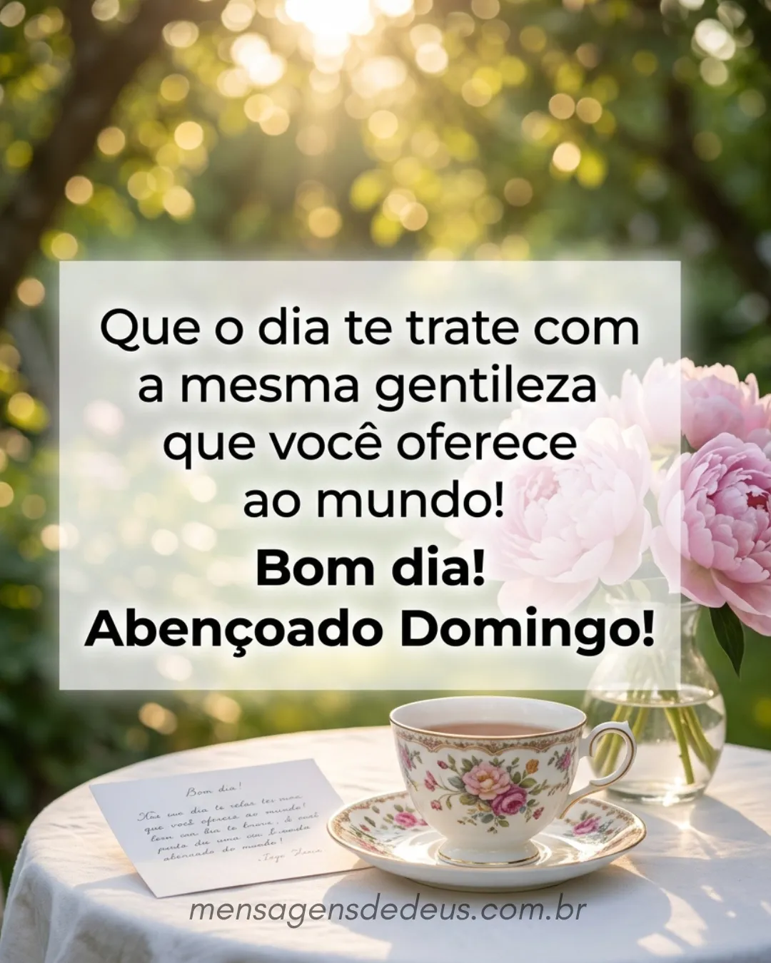 Que o dia te trate com a mesma gentileza que você oferece ao mundo! Bom dia! Abençoado Domingo!