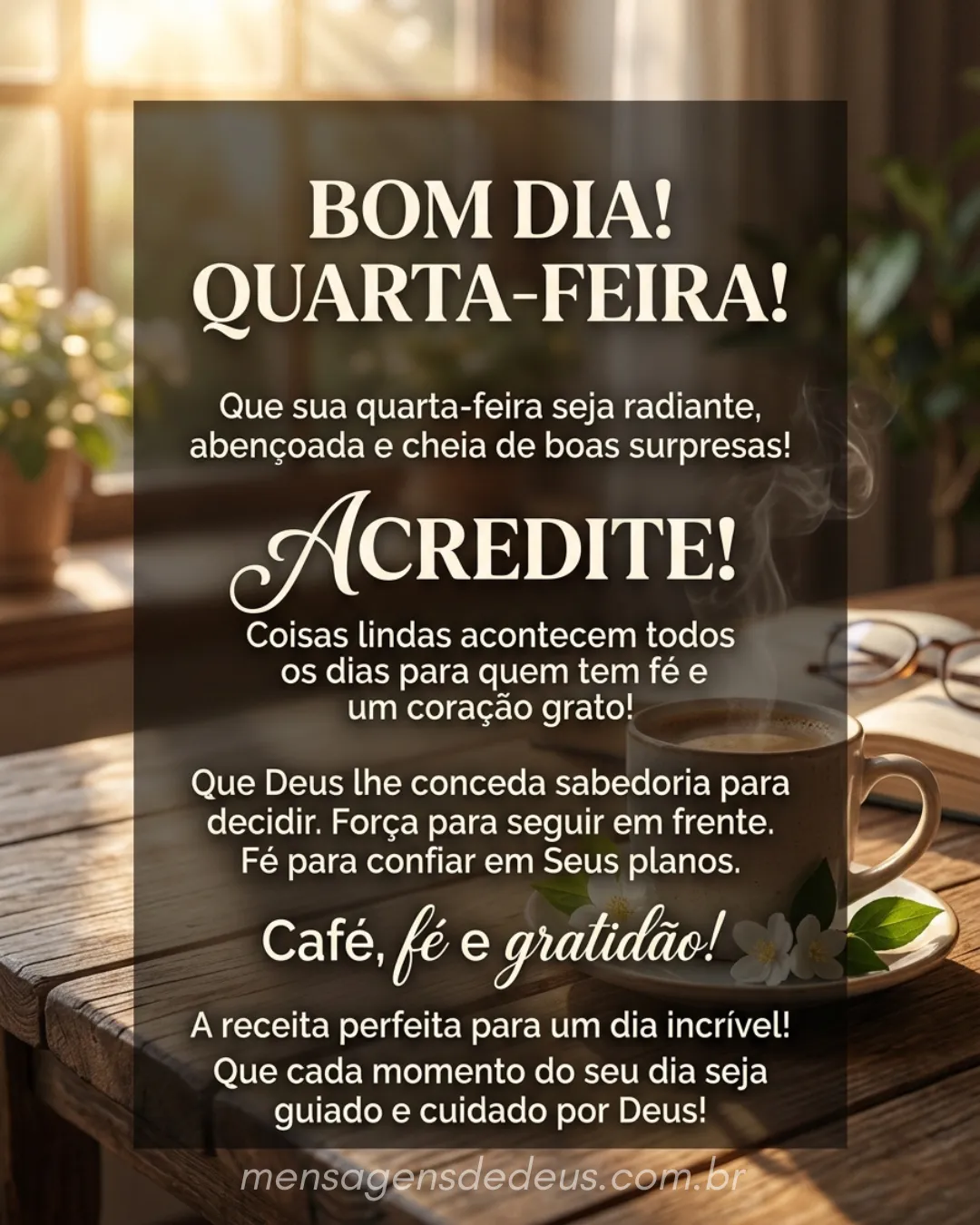 Bom dia! Quarta-feira! Que sua quarta-feira seja iluminada, abençoada e cheia de boas surpresas! Acr