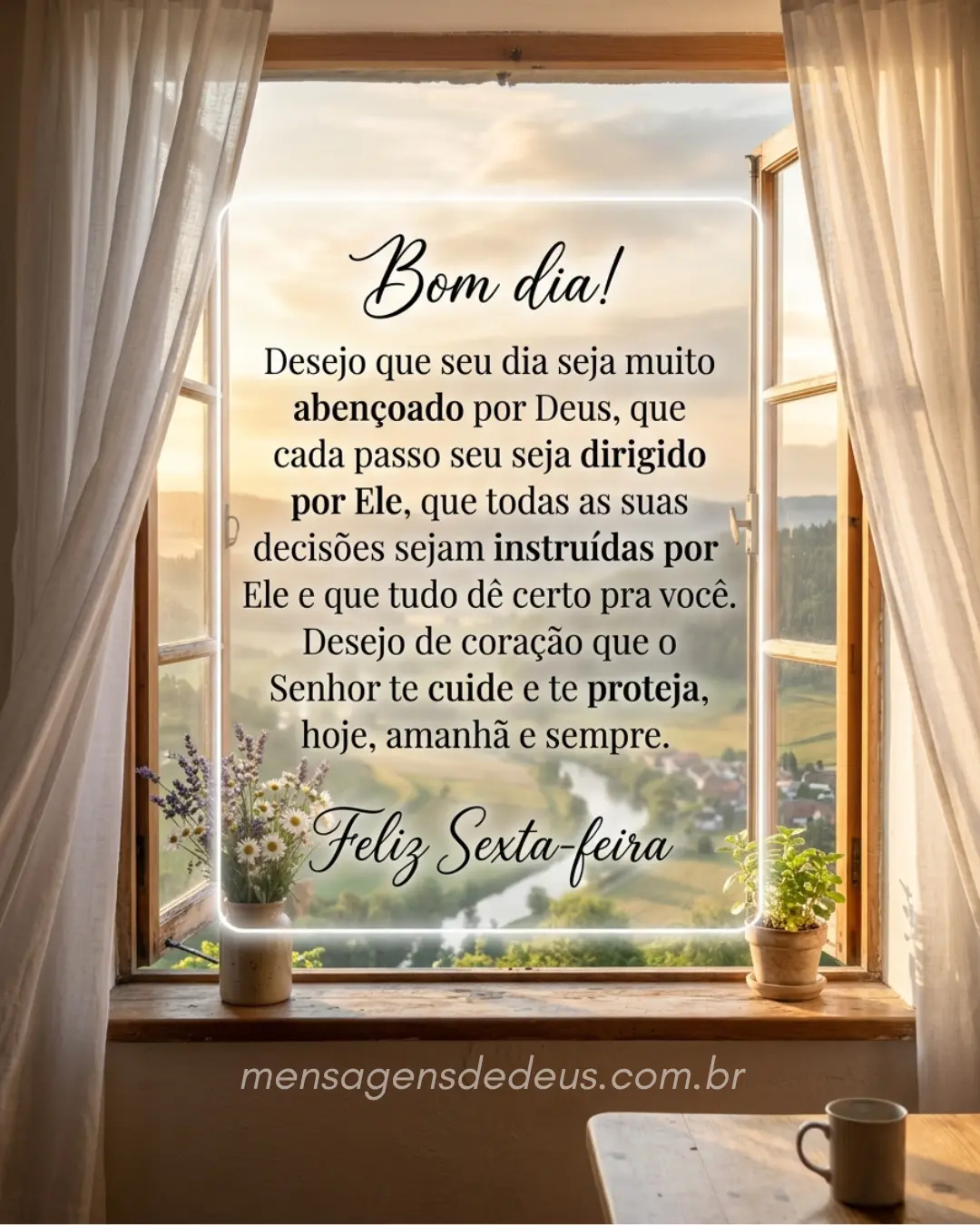 Bom dia! Desejo que seu dia seja muito abençoado por Deus, que cada passo seu seja dirigido por Ele,